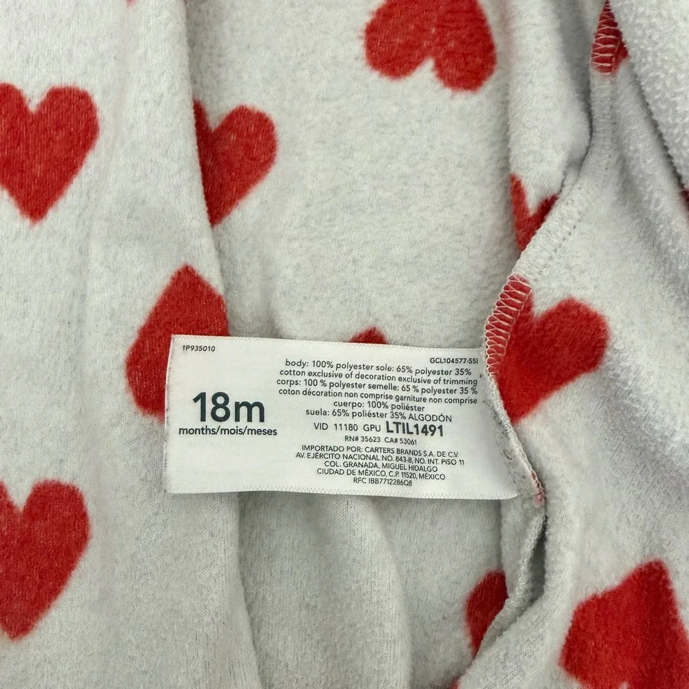 Carters 18M Red Heart Gray Fleece Footed Pajamas Long Sleeve Zip Up Sleepwear